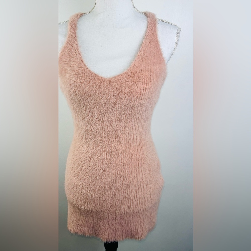 Small Pink Super Soft Furry V Neck Criss Cross Back Bodycon Stretchy Dress